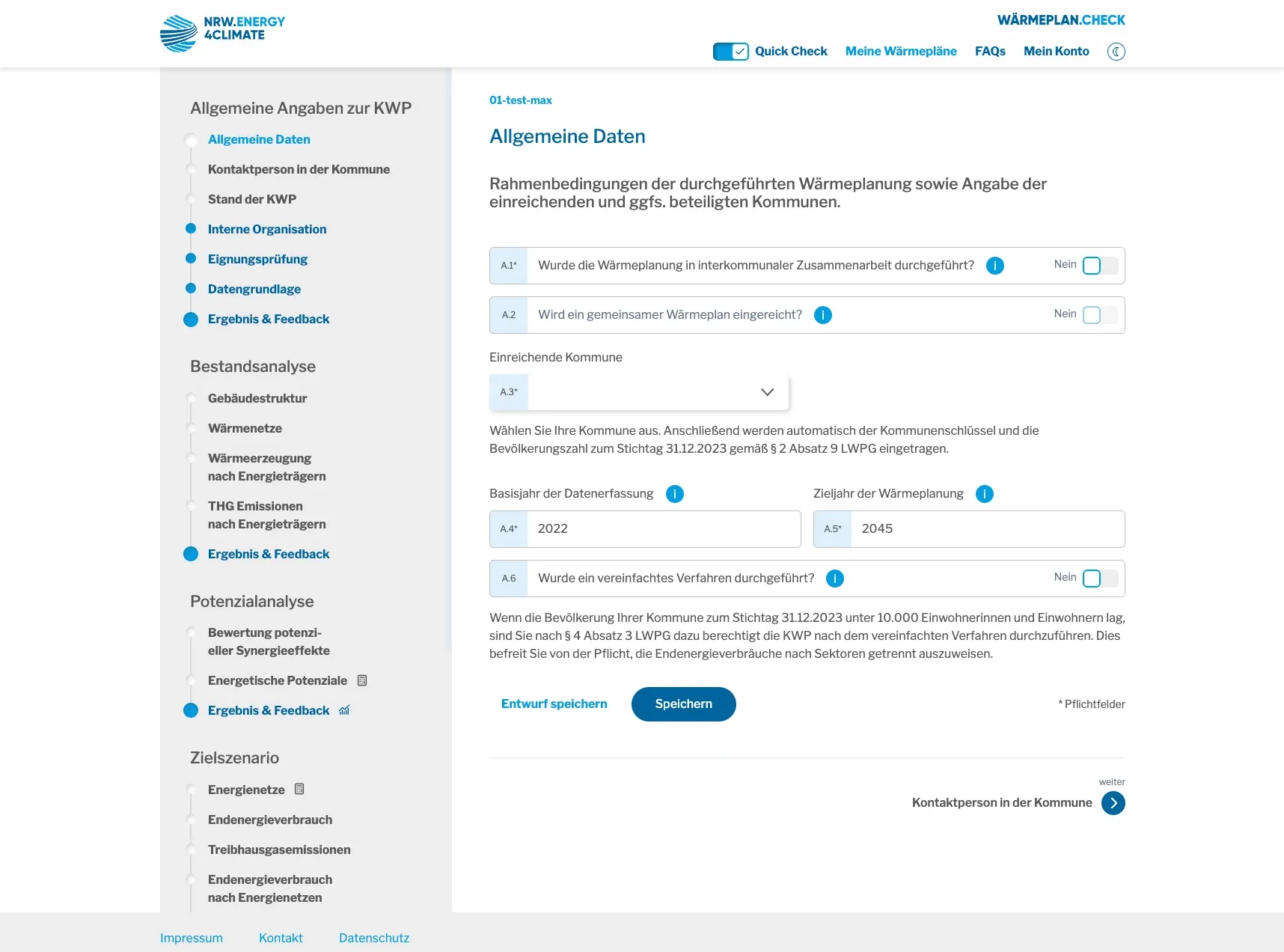 Eingabemaske „Allgemeine Daten“ im Wärmeplan.Check mit Phasennavigation