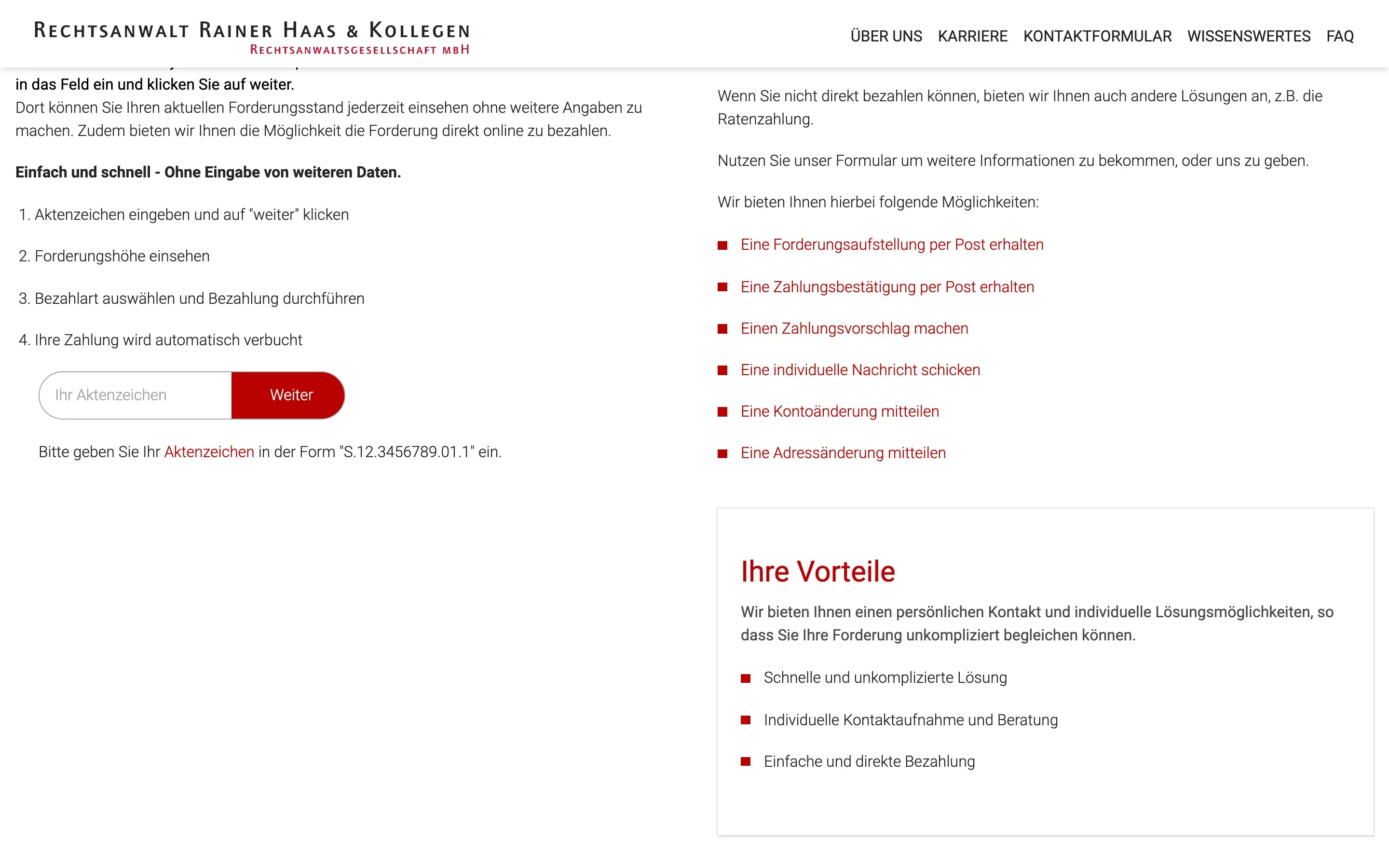 Selfservice mit Eingabe des Aktenzeichens auf ra-haas.de
