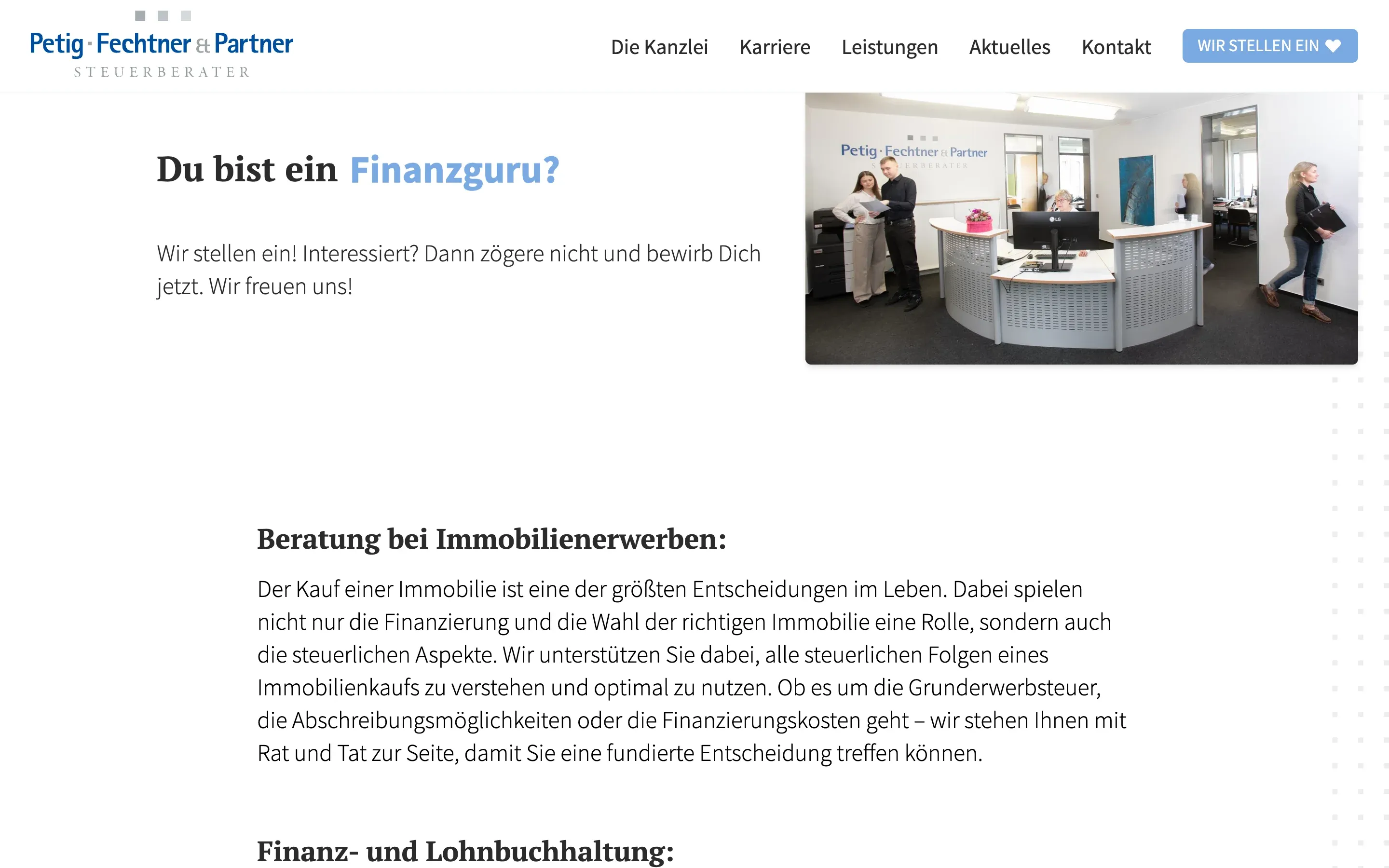 Karriere-Teaser und Leistungen auf petig-fechtner.de