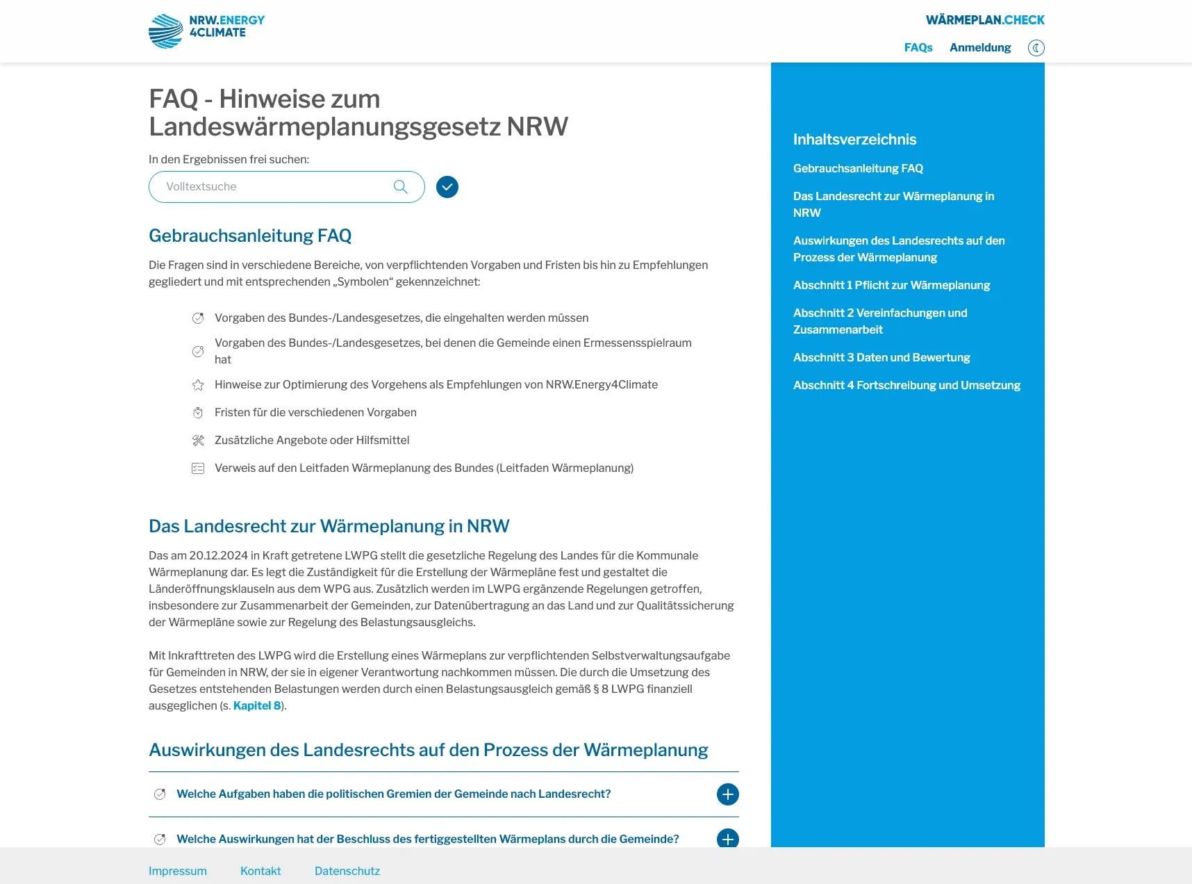 FAQ zum Landeswärmeplanungsgesetz NRW mit Volltextsuche und Inhaltsverzeichnis